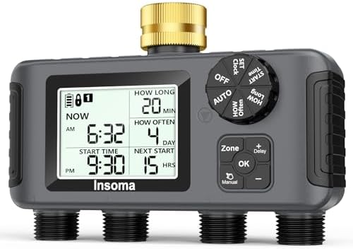 Insoma 4 Zones Sprinkler Timer with Brass Inlet, Water Timer for Garden Hose with Auto/Manual/Rain Delay Mode, Hose Timers for Irrigation Watering System for Yard, Lawn, Plant Watering by Insoma