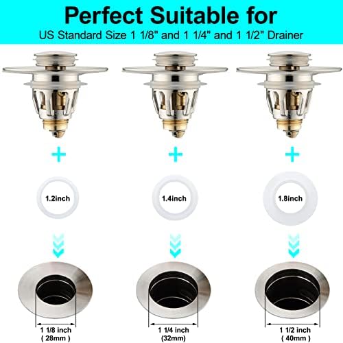 Universal Bathroom Sink Stopper - Bounce Wash Basin Drain Filter, Brushed Nickel Pop Up Drain Stopper, Bullet Core Push Type Sink Stopper, Sink Drain Plug with Anti-Clogging Strainer, for 1.1-1.5 inch - Image 3