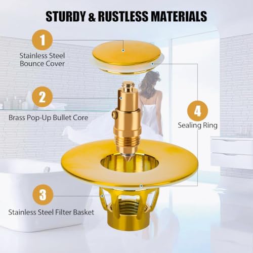 Three colors Bathroom Sink Stopper, 1.1-1.5" Bathroom Sink Drain Strainer, Universal WashBasin Pop Up Drain Stopper, Bounce Core Push Type Sink Plug, Anti-Clogging, Stainless Steel (Gold,1PCS) - Image 6