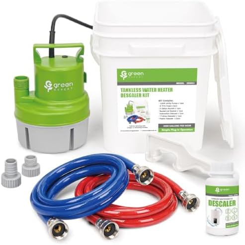 Green Expert Tankless Water Heater Flushing&Descaling Kit with Powder Descaler, 1/3HP Utility Pump for Circulation, 3-Gallon Bucket, 3/4"GHT Red&Blue Hoses for Isolation Valves Cleaning/Maintenance by TornadoTools