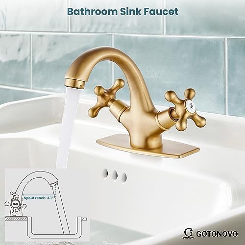gotonovo Bathroom Sink Faucet 1 Hole Double Cross Handle, Antique Brass - Image 6