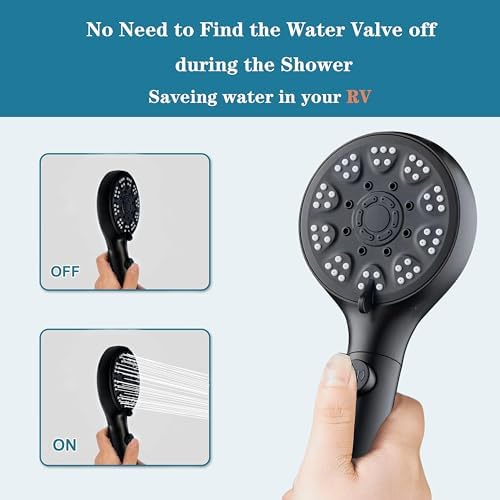 RV shower head with hose, High Pressure handheld Shower Head with ON OFF Switch, 5 Spray Modes for RV Camper, Water Saving Pause button, Adjustable Self-adhesive Holder (Black) - Image 2