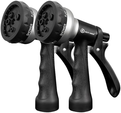 AUTOMAN-Garden-Hose-Nozzle, 2 Pack ABS Water Spray Nozzle, 7 Adjustable Watering Patterns, Slip Resistant for Watering Plants, Lawn& Garden, Washing Car, Showering Pets & Outdoor Fun.Silver Color by AUTOMAN