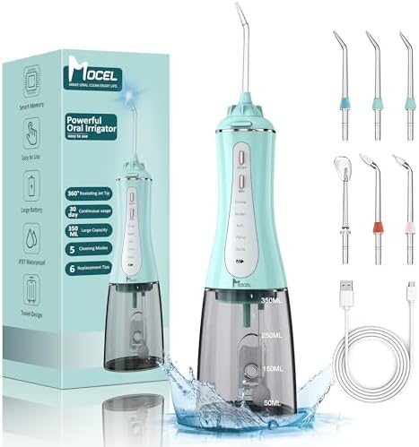 MOCEL Water Dental Flosser for Teeth - 350ML Large Tank 5 Modes & 6 Tips Cordless, Oral Irrigator Waterproof, Portable Teeth Cleaning and Flossing with Effective Plaque Remover for Adults (Green) by MOCEL