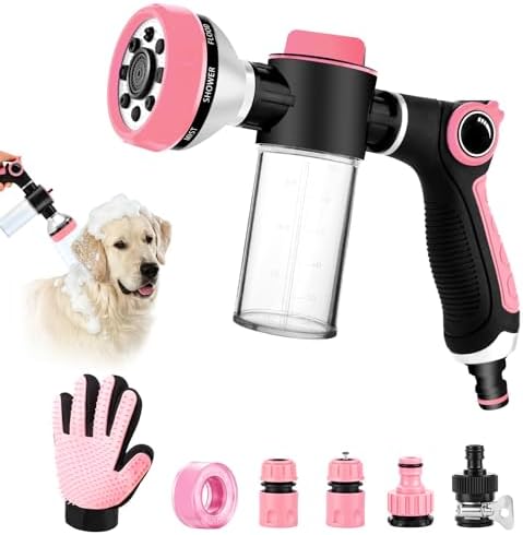 Premium Dog Washing Hose Attachment, Dog Shower Attachment with Pet Grooming Glove, 8-in-1 Sprayer Garden Hose Nozzle with Soap Dispenser Bottle for Garden, Pet Shower and Car Wash by KSSZZCO