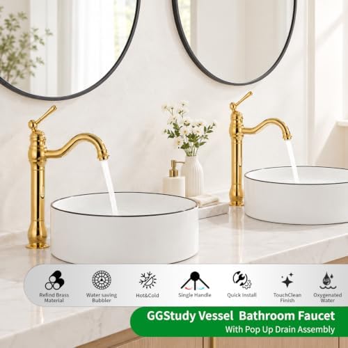 Single Handle Bathroom Vessel Sink Faucet, Polished Gold - Image 3