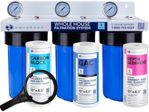 Aquaboon 3-Stage Whole House Water Filter System with 5 Micron 10x4.5 House Water Purification Reducing Sediment, Ganular Activated Carbon (GAC) and Carbon Chlorine Reduction Filter, Wrench, Bracket by Aquaboon