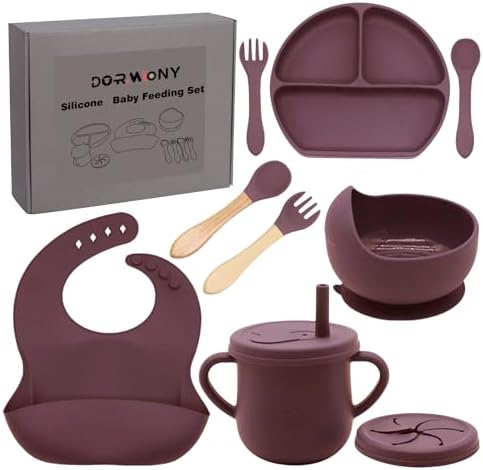 100% Silicone Baby Feeding Set, BPA Free Dishes With Suction Bowl, Divided Plate, Toddler Self Feeding Utensils, Spoons, Forks, Sippy Cup and Bib (Dark Red) by Dormlony