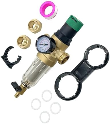 Whole House Spin Down Sediment Filter with Manual Pressure Regulator - Reusable 50 Micron SS Filter screen, BPA-Free Brass Body, Built-in- Gauge, 3/4"NPT（DN20）Ports, Easy Flush Pre-filter by Unknown