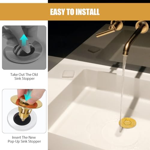 Three colors Bathroom Sink Stopper, 1.1-1.5" Bathroom Sink Drain Strainer, Universal WashBasin Pop Up Drain Stopper, Bounce Core Push Type Sink Plug, Anti-Clogging, Stainless Steel (Gold,1PCS) - Image 5