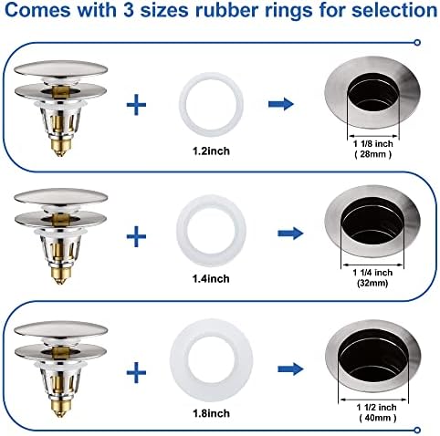 3-in-1 Universal Bathroom Sink Stopper - Brushed Nickel Pop Up Sink Drain Stopper, Brass Bounce Bullet Core Sink Stopper Replacement, Wash Basin Drain Filter Plug with Anti-Clogging Strainer - Image 3