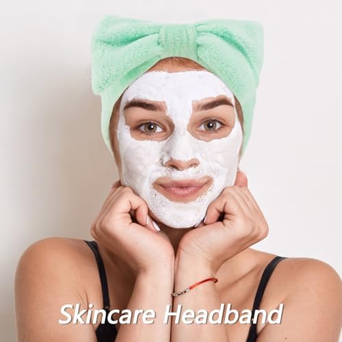 VELSCRUN Spa Headband, Makeup Face Wash Skincare Headbands, 6 Pcs Bright Green Sponge Bow Tie Get Ready HairBand Facial Wristband Set, Stuff for Teen Girls Women Trendy Fashion Hair Accessories - Image 4