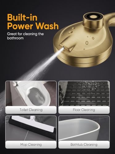 High Pressure Handheld Shower Head Brushed Gold- Anti-clog Nozzles, Built-in Power Wash to Clean Tub, Wall & Overhead Brackets,Magnetitc Rainfall Showerhead with handheld - Image 5