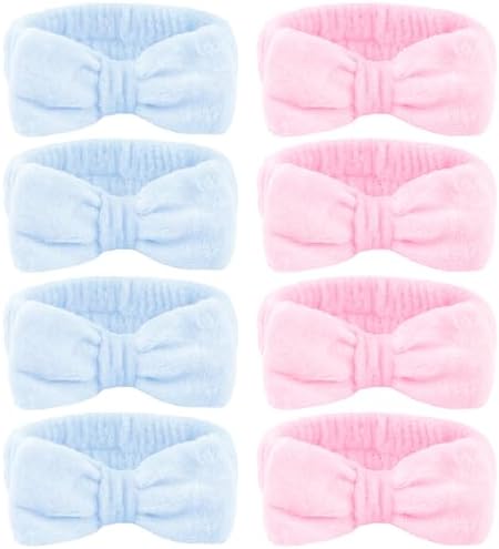 Ondder Spa Headbands for Women, Bow Makeup Skincare Headbands for Washing Face, Pink and Blue, Soft Coral Fleece, 8 Pack by Ondder