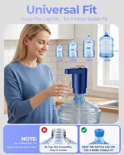 Water Jug Pump for 5 Gallon Bottle – Portable Electric USB-C Charging Dispenser, Dual Powerful Motors, Fast Flow, Fits 2-5 Gallon Jugs – Ideal for Home, Office, Camping, RV, Dark Blue - Image 5