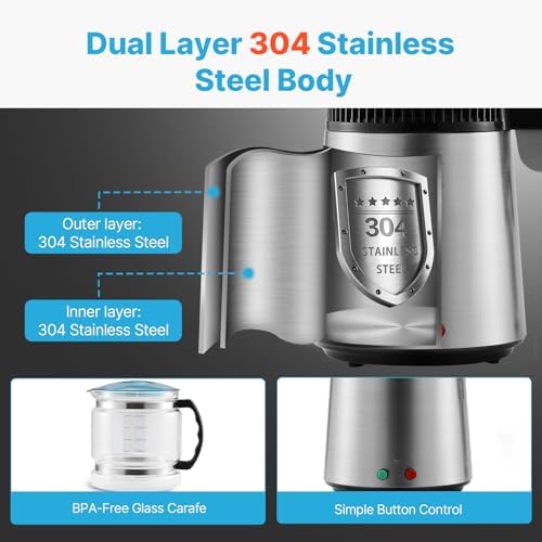 VEVOR Water Distiller, 4L/1.1 Gallon Pure Water Purifier Filter for Home Countertop, 750W Distilled Water Maker, Stainless Steel Interior Distiller Water Making Machine to Make Clean Water, Silver - Image 5