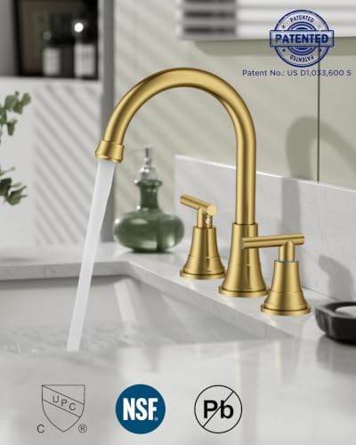 FORIOUS Gold Bathroom facuet 3 Hole, 8 Inch Wide Gold Vanity Faucet 3 Holes - Image 4