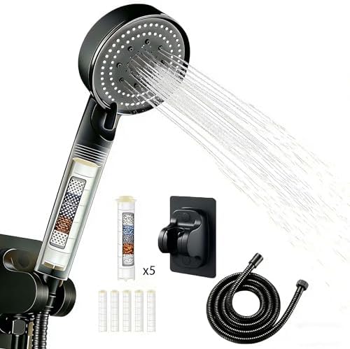 High Pressure Shower Head Black with Hose, 5-Spray Filtered Showerhead with No-Drill Holder, Water Softener Beads & ON/OFF Switch for Daily & Pet Care, Removes Chlorine, Softens Hard Water by Unknown