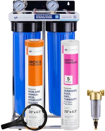 Aquaboon 2-Stage Whole House Water Filter System with Prefilter, 20x4.5 Iron & Manganese, Sediment Filters, Pressure Gauge & Release, Wrench, Freestanding Steel Frame by Aquaboon