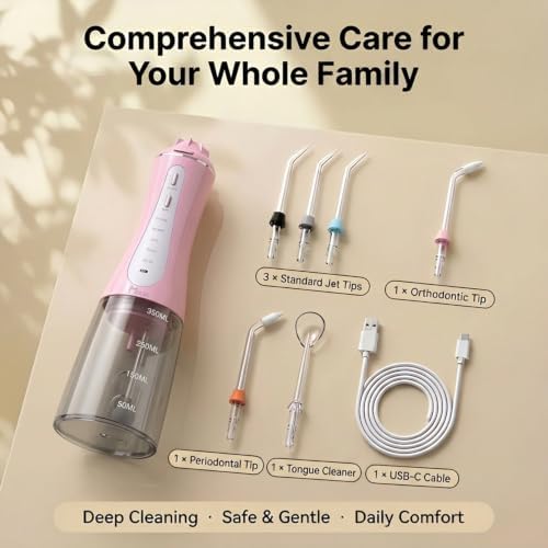 MOCEL Water Dental Flosser for Teeth - 350ML Large Tank 5 Modes & 6 Tips Cordless, Oral Irrigator Waterproof, Portable Teeth Cleaning and Flossing with Effective Plaque Remover for Adults (Pink) - Image 6