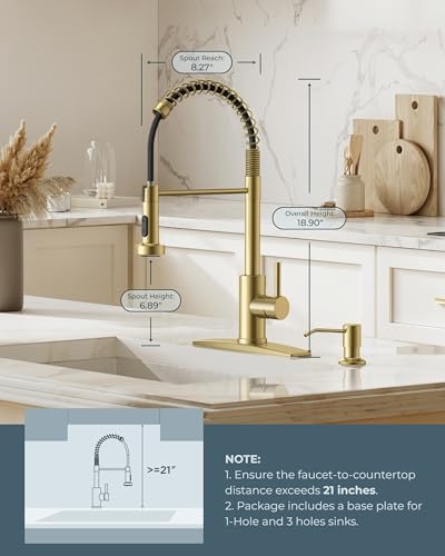 FORIOUS Gold Kitchen Sink Faucet, Pull Down Sprayer, Classic High Arc - Image 5