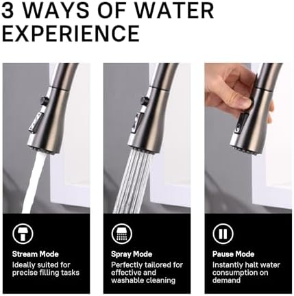 WEWE Pull-Down Kitchen Faucet, 3-Mode Sprayer, Matte Gray, High Arc - Image 5