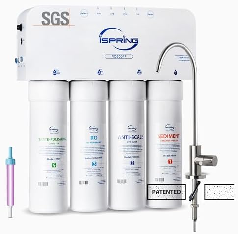 iSpring RO5004F Reverse Osmosis Water Filter with UV, SGS Tested PFAS and TDS Reduction, 500 GPD RO System Under Sink, 2:1 Pure to Drain, Tankless RO Water Filtration System, Filter Life Monitor by iSpring