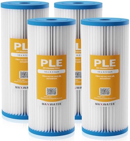 Max Water 50 Micron 10 x 4.5 Pleated Sediment Water Filter, Washable Replacement Cartridge for 10" BB Whole House Systems Compatible with R50-BBSA, FXHSC, WFHDC3001, W50PEHD, GXWH40L (4 Pack) by MaxWater