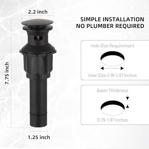 Pop Up Bathroom Sink Drain Assembly with Overflow, Matte Black - Image 5