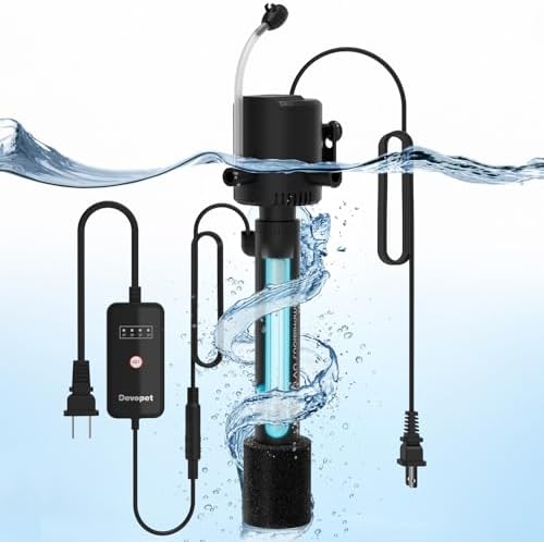 Aquarium Green Water Filter, U-V Light with Submersible Water Pump, U-V Filter with Aeration & Dual Water Outlet, 4-Speed Timer, for 40-120 Gallon Tank & Small Pond (265GPH/20W) by Devopet