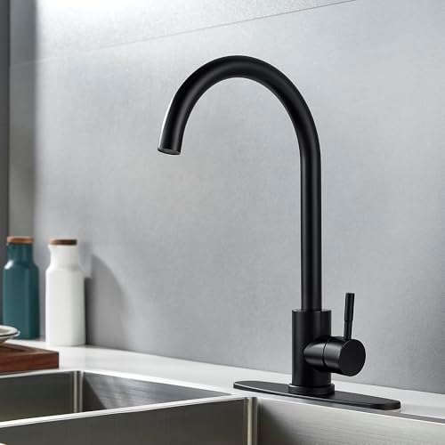 Single Handle High Arc Matte Black Kitchen Faucet Stainless Steel Commercial Single Hole Kitchen Sink Faucet, Modern One Hole Bar Sink Faucet with Deck Plate - Image 3