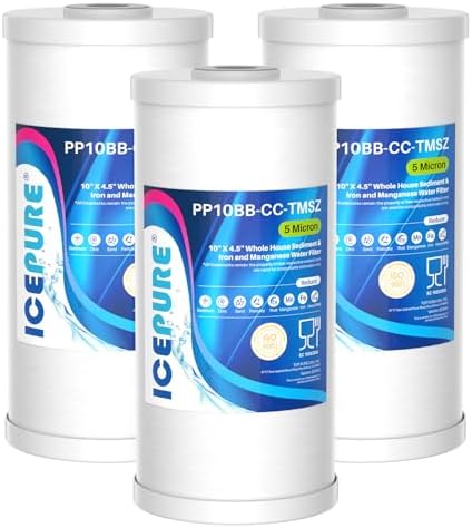 ICEPURE 5 Micron 10" x 4.5" Whole House Sediment and Iron Manganese Resin Water Filter Compatible with GE FXHTC, GXWH40L, RFC-BBSA W50PEHD Whirlpool WHKF-GD25BB GXWH35F GNWH38S Dupont WFHD13001, 3PACK by ICEPURE