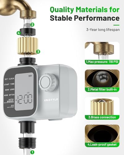 [All-New 2027] Sprinkler Timer with Brass Inlet, Unistyle Programmable Water Timer for Garden Hose, IP55 Waterproof Hose Timers with Manual and Automatic Irrigation Timers Yard Lawn Patio Heavy Duty - Image 4