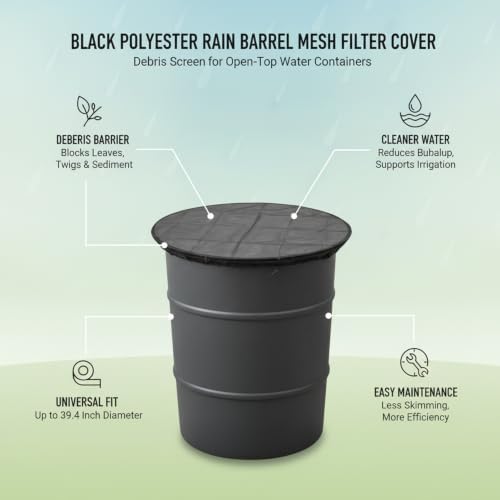 Black Polyester Mesh Rain Barrel Cover, Debris Filter Screen for Open-Top Water Containers up to 39.4 Inches, 1 Pack - Image 5