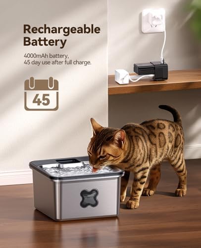 Cat Water Fountain Wireless + 6 Filters: [Visual Filter] & [Heavy-Duty Stainless Steel] FEELNEEDY- Premium, 3.2L/108oz, 4000mAh Battery Operated Pet Fountain with Sensor, for Cats and Dogs - Image 5