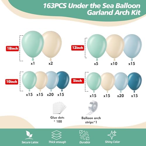 163Pcs Under The Sea Balloon Garland Arch Kit - Ocean Theme Party Decorations with Dusty Slate Blue Pastel Green Sand White Balloons for Baby Shower Birthday Under the Sea Party Decorations - Image 2