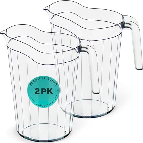 DecorRack 2 Pack - 75 oz Polycarbonate Plastic Pitcher Beverage Dispenser with Pour Spout Shatterproof Catering and Restaurant Serveware for Cold Drinks, Water, Lemonade, Beer, and Sangria (2 Pack) by DecorRack
