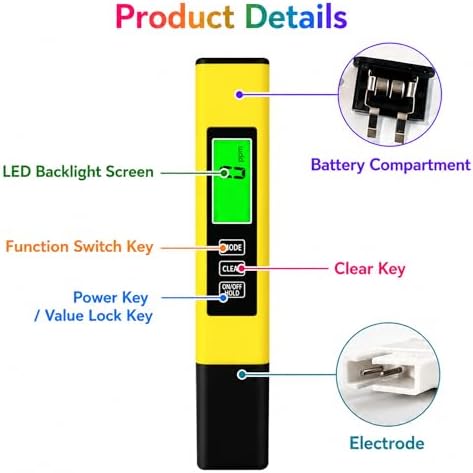 4 in 1 Tds Meter Digital Water Tester-TDS EC&Temp(°C/°F) Meter-0-9999ppm Accurate for Drinking Water,Hydroponics,Aquariums,RO Systems,Pool(Yellow) - Image 6