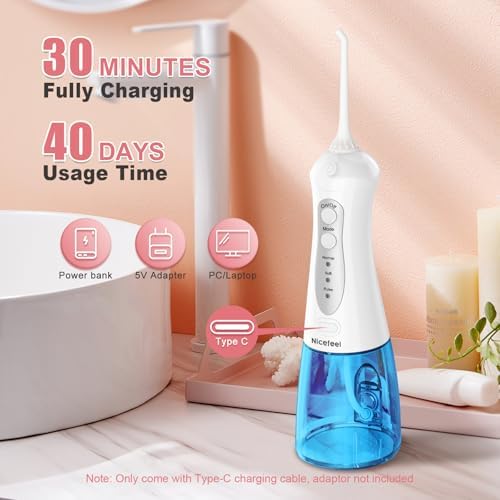 Nicefeel Water Flosser, 300ML Portable Water Dental Pick Cordless for Teeth, Braces, Sensitive Gum, Oral Irrigator for Travel & Home with 5 Jet Tips & 3 Modes, Rechargeable, IPX7 Waterproof - Image 6