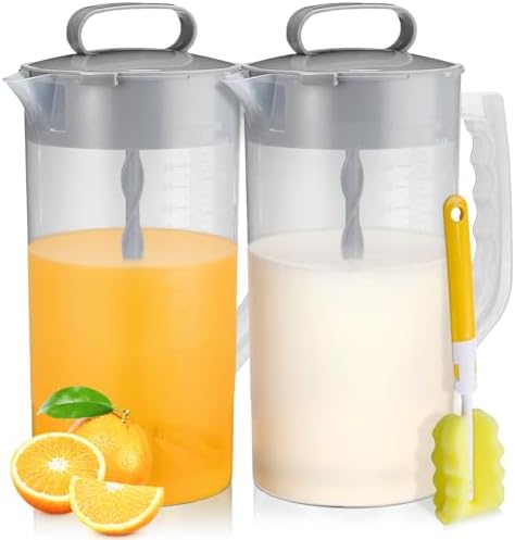 Mixing Pitcher for Drinks, 2 Quart/ 64oz Plastic Water Pitcher with Lid, Angled Plastic Blades and Adjustable Mixer Plunger for Juice, Powdered Milk, Beverage Container (Two) by WLKSTS