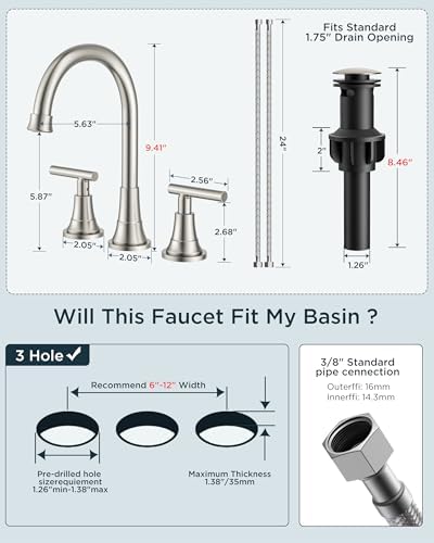FORIOUS Brushed Nickel Bathroom Faucet 3 Holes, Widespread Bathroom Faucets - Image 6