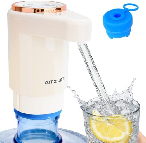 Dual Pump Water Dispenser for 5 Gallon Bottle, Electric Water Bottle Pump with Water Jug Cap, Powerful Flow, USB Rechargeable Automatic for Home, Office, Camping-Beige by AmzJet