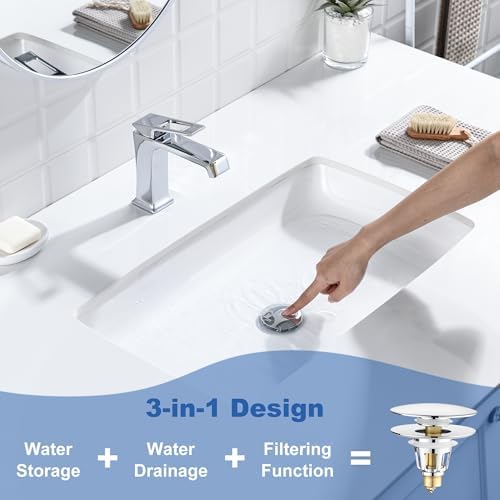 Universal 3-in-1 Bathroom Sink Stopper - Chrome Pop Up Sink Drain Stopper, Push Button Sink Drain Stopper Replacement, Wash Basin Drain Filter Plug with Anti-Clogging Strainer, (Large Cover) - Image 6