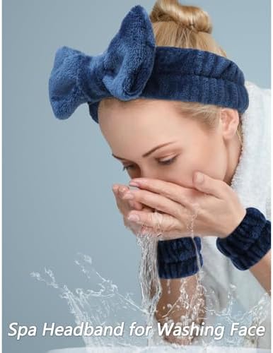 VELSCRUN Spa Headband, Makeup Face Wash Skincare Headbands, 6 Pcs Dark Blue Sponge Bow Tie Get Ready HairBand Facial Wristband Set, Stuff for Teen Girls Women Trendy Fashion Hair Accessories - Image 2