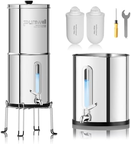 Purewell Upgraded 6-Stage 0.01μm Ultra-Filtration Gravity Water Filter System with Water Level Window, 304 Stainless Steel Countertop System with 2 Filters and Stand, Reduce 99% Chlorine, BO-2.25G by Purewell