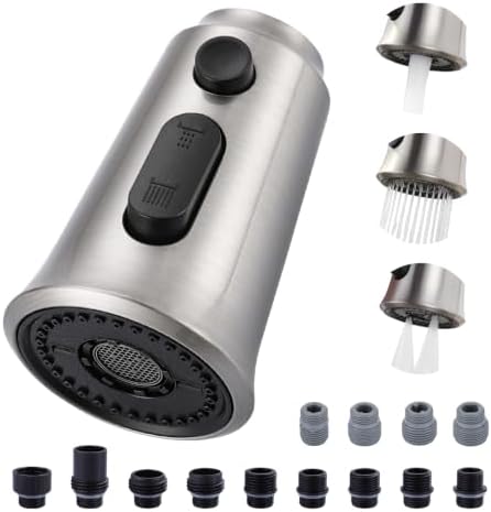 WOWOW Kitchen Faucet Head Replacement, 3 Function Pull Down Faucet Sprayer Head with 13 Adapters, Brushed Nickel Kitchen Sprayer Nozzle Compatible with Moen, Delta, Kohler Faucets by WOWOW