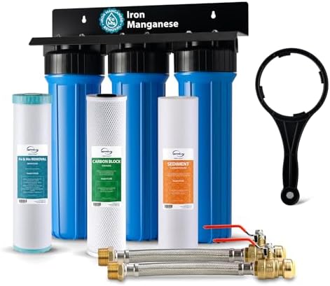 iSpring WGB32BM+AHPF12MNPT16X2 3-Stage Whole House Water Filter System, Reduces Iron & Manganese, Chlorine, Sediment Home Water Filtration System w/ 3/4'' Braided Stainless Steel Hose Connectors by iSpring