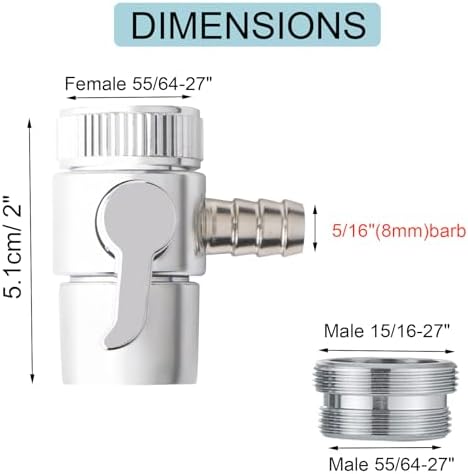 2 Pack Faucet Diverter Valve, 8mm Barb for 5/16" ID Flexible Tubing, Countertop Water Filter Adapter with Solid Brass Handle, M22 Male to M24 Male Adapter Rings, Clamps & Extra Washers - Image 2