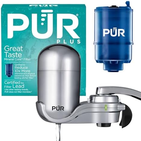PUR Plus Vertical Faucet Mount Water Filtration System, Lead-Reducing Filter, Great-Tasting, Easy Install, Lasts 100 Gallons, Faucet Water Filter, Compatible with Sinks with External Aerators, Chrome by PUR