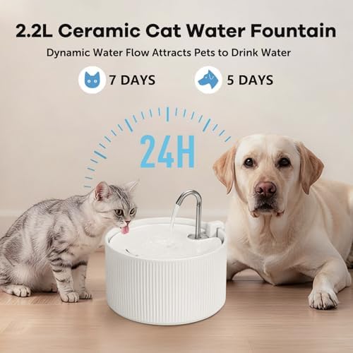 Upgrade 2.2L/78oz Ceramic Cat Fountain, Automatic Ceramic Water Fountain for Cats, Pet Water Fountain with Ultra-Quiet Pump (White) - Image 6